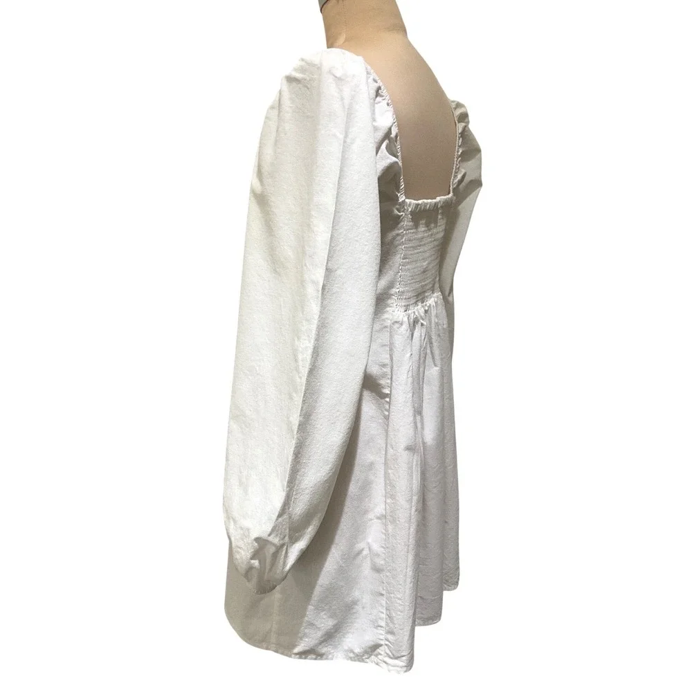 Free People White Cotton Linen Puff Sleeve Mini Dress Smocked Back Cottagecore M
